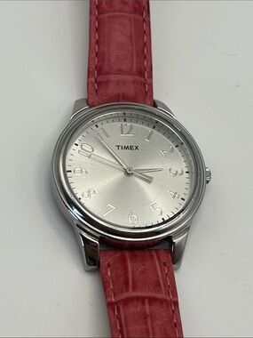 Timex Silver Dial Watch with Pink Leather Strap